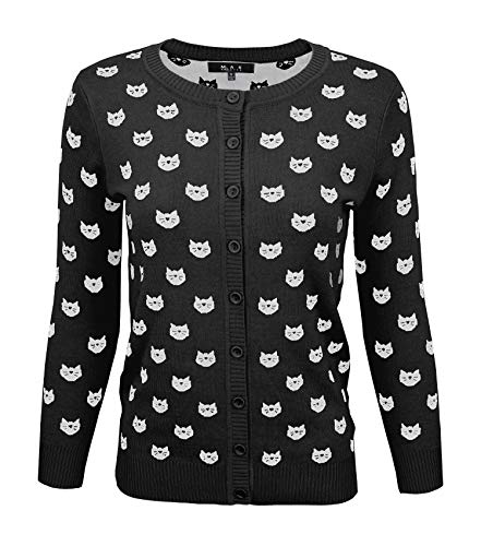 YEMAK Women's Knit Cardigan Sweater – 3/4 Sleeve Button Down Crewneck Cute Cat Pattern Casual Lightweight Knitted Top MK3466-BLK/IVR-S
