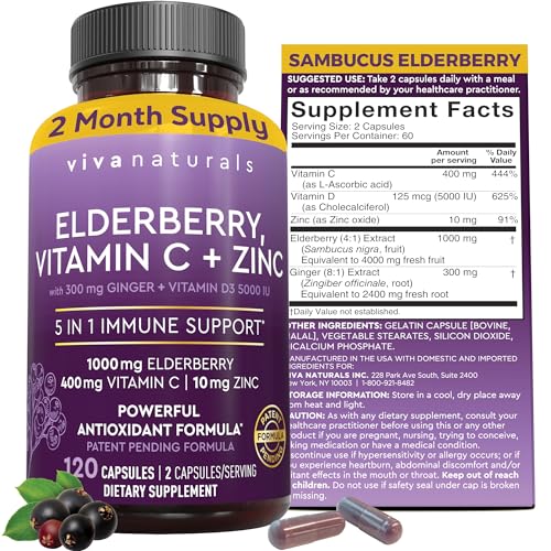 Viva Naturals Elderberry with Vitamin C and Zinc for Adults - 5 in 1 Sambucus Black Elderberry Capsules with Vitamin D3 5000 IU, Elderberries Immune Support Supplement 2 Months Supply Pills