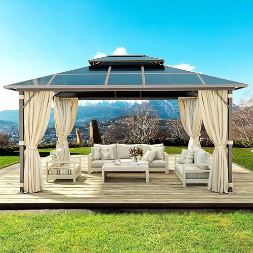 Aoxun 10'x13' Hardtop Gazebo, Outdoor Polycarbonate Double Roof Gazebo with Aluminum Frame Permanent Pavilion and Curtains & Netting for Backyard, Patio, Deck, Parties (Brown)