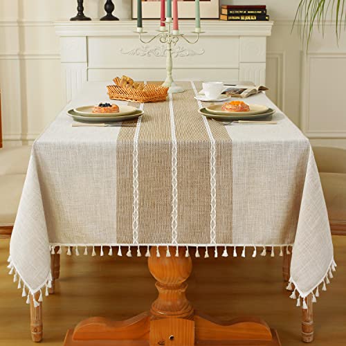 Laolitou Rustic Tablecloth Cotton Linen Waterproof Tablecloth Burlap Table Cloths for Kitchen Dining Cloth Table Cloth for Rectangle Tables Coffee Lines Rectangle,55''x70'',4-6 Seats