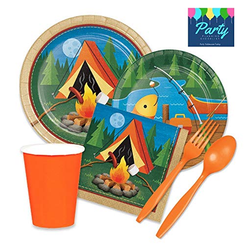 Party Tableware Today Camping Themed Party Supplies Pack for 16 Guests - Includes Plates, Napkins, Cups, and Plastic Cutlery
