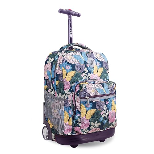 J World New York Sunrise Kids Rolling Backpack for Girls Boys Teen. Roller Bookbag with Wheels, Secret Garden, 18'