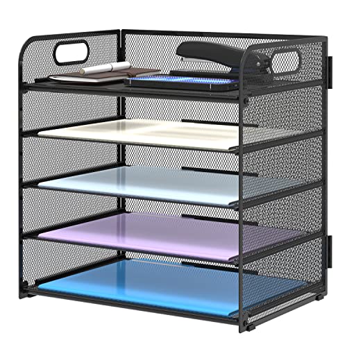 Supeasy 5 Tier Desk Organizer with Handle, Mesh Paper/File Organizer for Desk, Paper Tray Organizer for Office Supplies Black