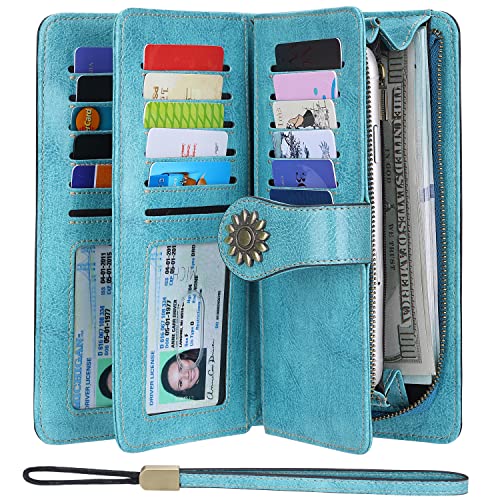 Lavemi Womens Large Capacity Genuine Leather RFID Blocking Wallets Wristlet Clutch Card Holder(Light Green)