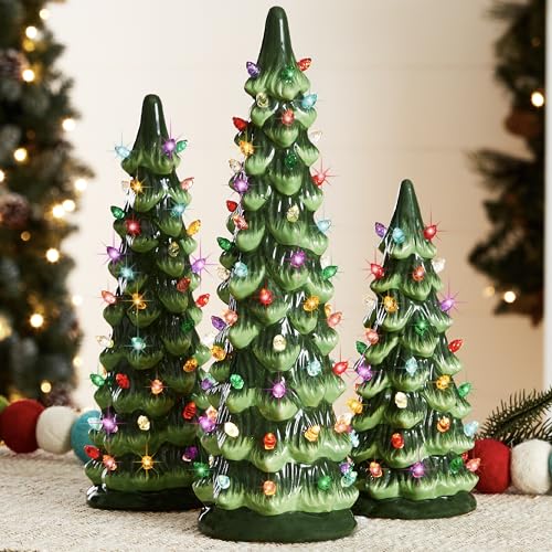 Best Choice Products Set of 3 Ceramic Christmas Trees, Pre-Lit Hand-Painted Tabletop Holiday Decoration w/Multicolor Bulbs, Battery-Operated LED Lights – Green