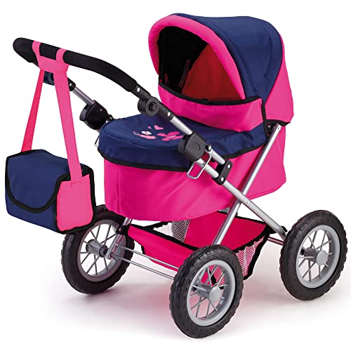 Bayer Design Dolls: Trendy Pram - Blue, Hot Pink, Butterfly - Includes Shoulder Bag, Fits Dolls Up to 18', Adjustable Handle, Kids Pretend Play, Shopping Basket, Easy to Fold, Ages 3+