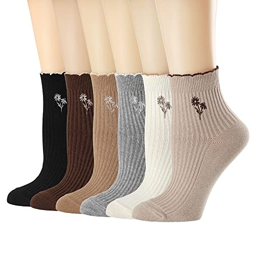 Mcool Mary Ruffle Ankle Socks,Casual Cute Flower Embroidered Breathable Cotton Knit Lettuce Crew Frilly Socks for Women 6 Pack