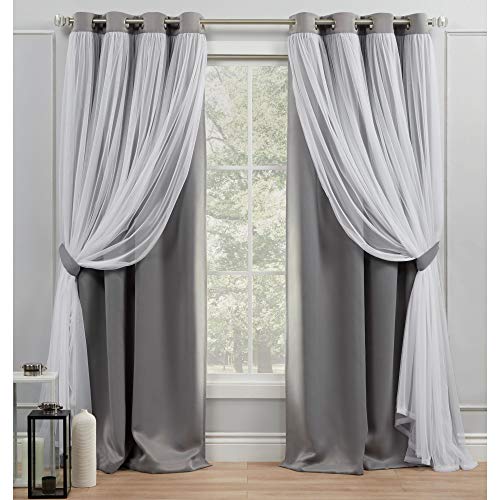 Exclusive Home Catarina Layered Solid Room Darkening Blackout and Sheer Grommet Top Curtain Panel Pair, 52'x84', Soft Grey