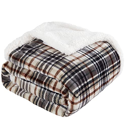 Touchat Sherpa Plaid Throw Blanket, Fuzzy Fluffy Cozy Soft Blanket, Fleece Flannel Plush Twin Size Microfiber Blanket for Couch Bed Sofa (60' X 70', Plaid Brown)