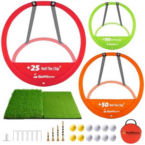 Golfguru Golf Chipping Net with Dual-Turf Golf Mat, Golf Practice Net with 12 Golf Balls, 4 Golf Tees, Portable Carry Bag, Chipping Pop Up Golf Net for Short Game Focus