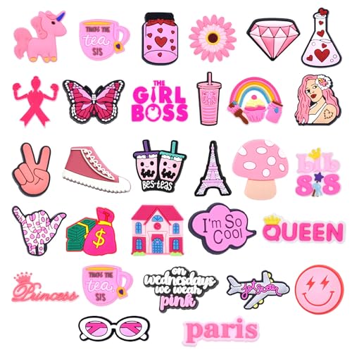 IVASKY 30PCS Cute Pink Preppy Bling Shoe Charms for Girls Women, Aesthetic Shoe Decoration Charms for Clog Slides Sandals, Pink Party Favors (Queen)