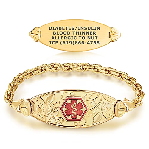 Divoti Custom Engraved Medical Alert Bracelets for Women, Stainless Steel Medical Bracelet, Medical ID Bracelet w/Free Engraving – PVD Gold Lovely Filigree Tag w/PVD Gold Rope-TP Red-7.0'