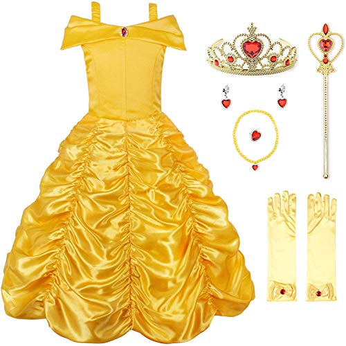 JerrisApparel Princess Dress Off Shoulder Layered Costume for Little Girl (7 Years, Yellow with Accessories)