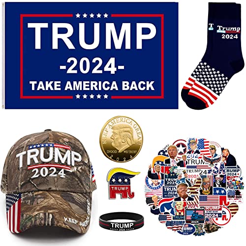 Breezer Trump Gifts Set | 2024 Stuff Donald For Men & Women Including Flag Hat Stickers Socks Wristband Lapel Pin Coin