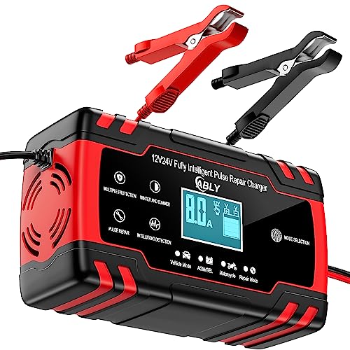 ABLY Battery Charger 8-Amp - 12V and 24V Automotive Trickle Charger for Car Battery, Fully-Automatic Temperature Compensation, Battery Maintainer for Car Truck Motorcycle Lawn Mower Boat Marine