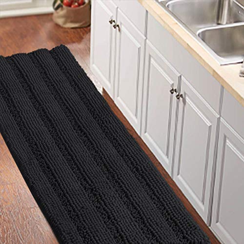 Turquoize Luxurious Non-Slip Shaggy Chenille Kitchen Runner Black Kitchen Rug Ultra Soft Plush Carpet Mat Shag Shower Bath Runner Absorbent Large Bath Mat for Entryway, Size 59 & 20 Inches, Black