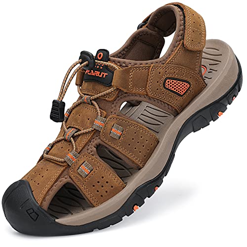 FLARUT Men's Sport Sandals Outdoor Hiking Sandals Closed Toe Leather Athletic Lightweight Trail Walking Casual Sandals Water Shoes (C-Brown,41)
