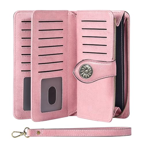 Travelambo Womens Wallet RFID Blocking Large Capacity Luxury Waxed Genuine Leather Clutch Wristlet Wallets