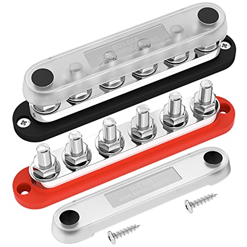 DAIERTEK 300A Bus Bar 12V Marine 12V Power Distribution Block with Cover 6 x 3/8' (M10) Terminal Studs Max 300V AC 48V DC Positive & Ground Busbar for Automotive Car Boat