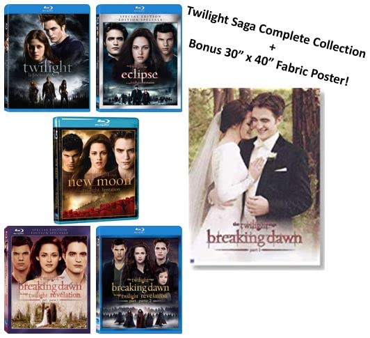 Twilight Saga: The Complete 5-Movie Blu-ray Collection + Bonus Fabric Poster: Twilight / Twilight: Eclipse / Twilight: New Moon / Twilight: Breaking Dawn Part 1 / Twilight: Breaking Dawn Part 2