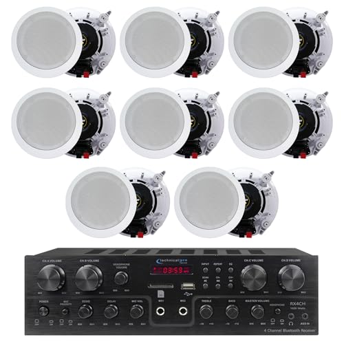 Technical Pro 4 Channel 1600 Watts 8 Speaker Bluetooth Home Theater Receiver System, USB with 4 Pairs of 5.25” Ceiling Wall Mount 2-Way Mid bass Woofer Speakers