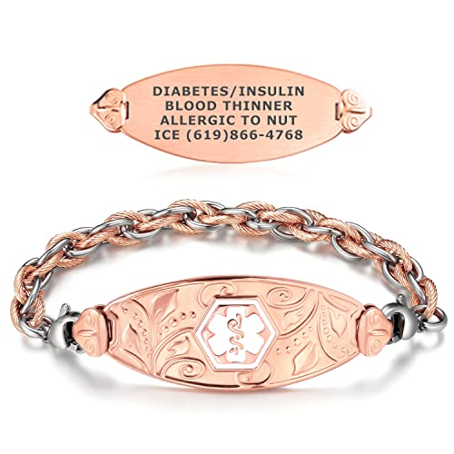 Divoti Custom Engraved Medical Alert Bracelets for Women, Stainless Steel Medical Bracelet, Medical ID Bracelet Free Engraving–PVD Rose Gold Lovely Filigree Inter-Mesh Rose Gold/Silver-White-8.0'