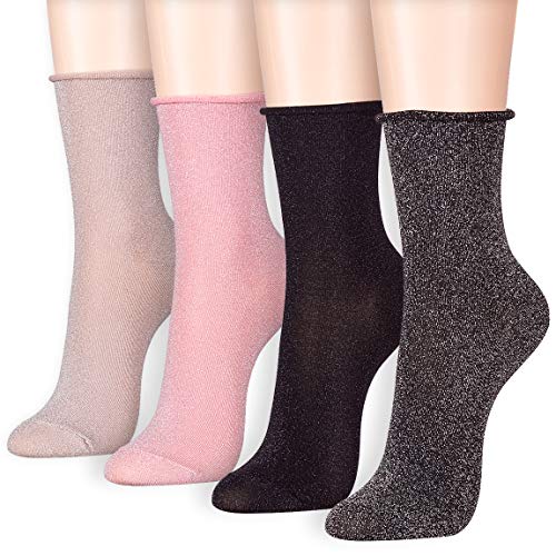Roll Top Glitter Sparkle Shine Shimmer Glow Micro Crew Socks (Onesize, 4 Pairs)