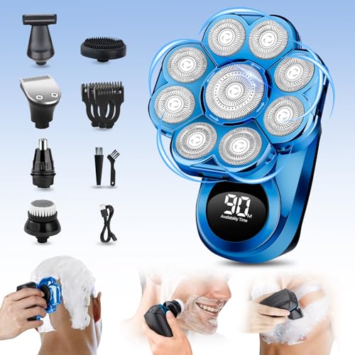 9D Electric Head Shaver for Bald Men, Upgraded 6-in-1 Head Shaver for Bald Men, Waterproof Wet/Dry Grooming Kit Electric Shaver for Men, Cordless Rechargeable Bald Head Razor for Home&Travel Gift