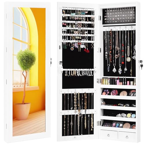 Giantex 15 LEDs Jewelry Armoire, Wall Mounted or Door Hanging, Lockable Jewelry Cabinet with Full Length Mirror, Large Storage Jewelry Organizer Box Armoire for Girls Women (14.5'W x 3.5'D x 47.5'H)
