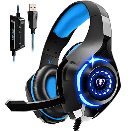 7.1 Gaming Headset for PC, Computer Gaming Headphones with Noise Cancelling Mic/Microphone, PC Gaming Headset with LED Lights for PC, PS4/PS5 Console, Laptop