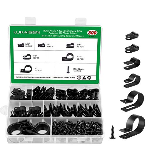 Cable Clips for Cable Management Cord Organizer, 6 Sizes 300 PCS Nylon R-Type, 3/16'' 1/4'' 3/8'' 1/2'' 3/4'' 1'' Black Plastic Screw Mounting Cord Fastener Clamp Assortment Kit with M4 Screws