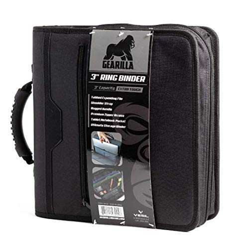 Gearilla Large 3 Ring Binder with Zipper - 3' Blacked Out, O-Ring, Tablet/Laptop Sleeve (For 13' Devices and Smaller), with Tactical Carrying Handle and Shoulder Strap