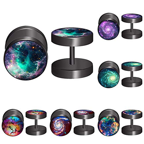 FLYUN Flat Back Screw Earrings For Men, Fake And Faux Gauge Plug 6Pairs Galaxy Surgical Steel Black Stud (Green)