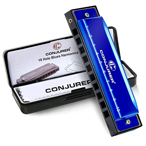 CONJURER Blues Harmonica for Kids Adult Beginners 10 Hole Diatonic Harmonica Key of C, Brass Reed Metal Mouth Organ C Key Blues Harp with Case, Blue