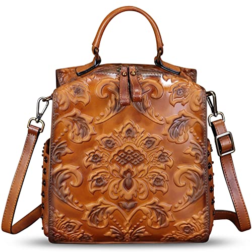 Genuine Leather Satchel for Women Purse Convertible Backpack Embossed Leather Crossbody Handbag Top Handle Bag (Brown)