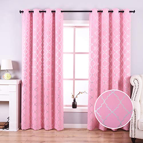 Anjee Pink Blackout Curtains for Girls Bedoom with Silver Moroccan Tile Pattern Living Room Darkening Noise Reducing Grommet Top Window Treatment Drapes,2 Panels Sets 52 x 84 Inches Length, Peach Pink