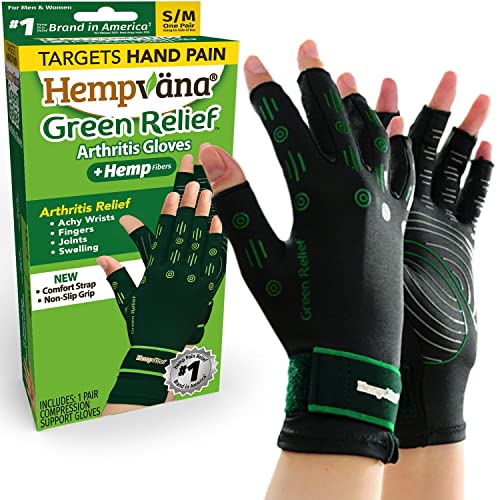 Hempvana Green Relief Arthritis Gloves Woven with Hemp Fibers, As Seen On TV, Advanced Compression to Help Relieve Pain & Swelling, Adjustable Wrist Strap for the Ultimate Fit, Non-Slip Grip, S/M