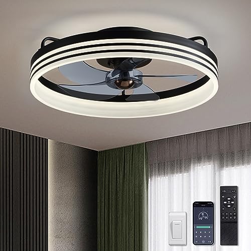LUDOMIDE Ceiling Fans with Lights, Flush Mount Ceiling Fan with Lights and Remote, 6 Wind Speeds Smart Low Profile Ceiling Fan for Bedroom, Kids Room and Living Room 20' (Black)