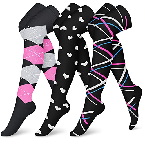 CHARMKING 3 Pairs Thigh High Compression Socks for Women and Men 15-20 mmHg Boost Circulation and All Day Comfort (S/M, Black/Black/Pink)