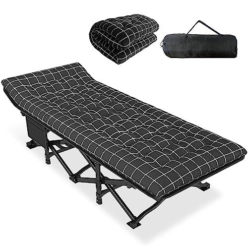 ATORPOK Camping Cot for Adults with Cushion Comfortable,Portable Folding Bed for Sleeping,Lightweight Folding Bed with Carry Bag for Kids Supports 450 lbs (Black)
