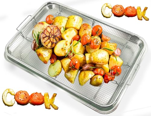 Veipho Extra Large Air Fryer Basket for Oven, 18.77 X 13.11 Inch Stainless Steel Air Fryer Baking Pans, Non-Stick Crisper Tray, Mesh Basket Replacement, Airfryer Rack for Chicken, French Fry