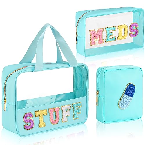 Hoolerry 3 Pcs Chenille Letter Makeup Bags Set Preppy Zipper Toiletry Bag PVC PU Waterproof Portable Glitter Sun Travel Stuff Bag Aesthetic Hanging Travel Pouch for Women (Blue,Fresh)