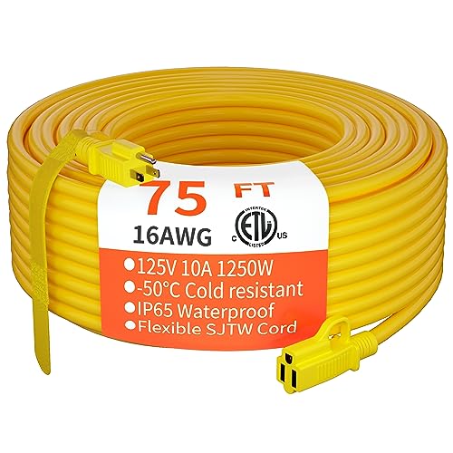 Outdoor Extension Cord 75 Foot Waterproof, 16/3 Gauge Flexible Cold-Resistant Appliance Extension Cord Outside, 10A 1250W 16AWG SJTW, 3 Prong Heavy Duty Electric Cord Yellow, ETL HUANCHAIN