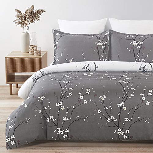YEPINS Soft Brushed Microfiber Duvet Cover Set with Zipper Closure and Corner Ties, Plum Blossom Branch Floral Printed Pattern, Grey and White Color, Reversible Design- Queen(90x90 inches)