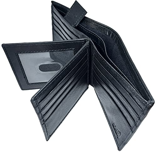 Paul and Taylor BiFold RFID Mens Leather Wallet With 2 ID Windows, 16 Credit Card Slots, 4 Hidden Pockets, Divided Currency Compartment & Key Holder P51214 (Black)
