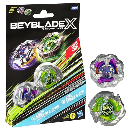 BEYBLADE X Knife Shinobi 4-80HN and Keel Shark 3-80F Dual Pack Set with 2 Right-Spinning Tops; Battling Top Toys for 8 Year Old Boys and Girls