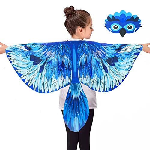 iROLEWIN Bird-Wings-Costume for Kids and Headband, Eagle-Parrot Dress-up-Wings for Girls Boys Halloween-Party Favors (Blue)
