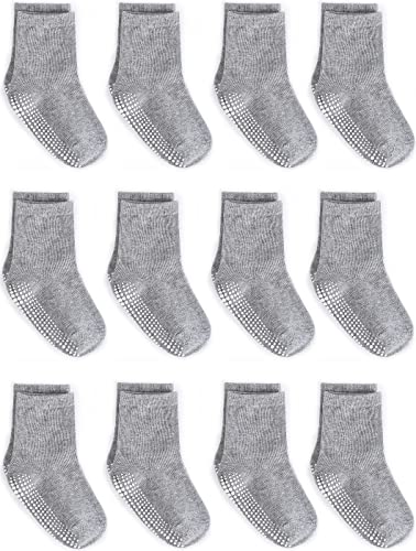 ZAPLES Baby Non Slip Grip Crew Socks with Anti Skid Soles for Infants Toddlers Kids Boys Girls, Gray, 12-36 Months