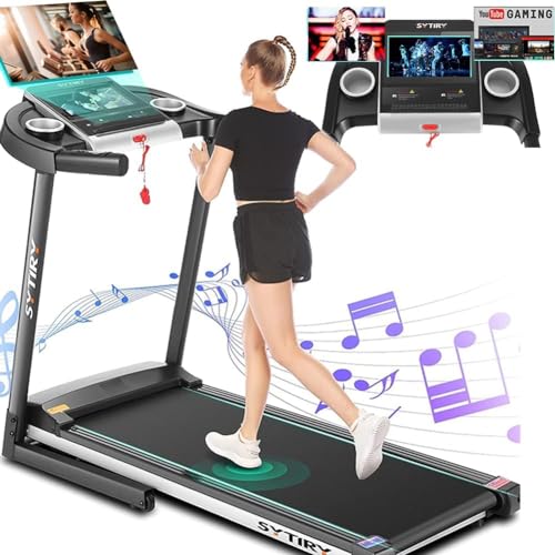 SYTIRY Treadmill with Large 10' HD TV Touchscreen,Treadmill for Home Folding 3.25HP Brushless Motorand Incline Treadmills,WiFi Connection,3D Virtual Sports Scene,YouTube,Facebook,HiFi Speakers etc