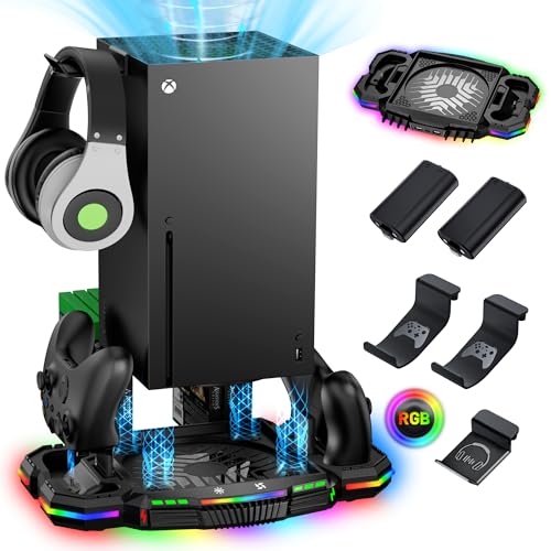 Narati Cooling Fan Stand and Charger Station for Xbox Series X- LED Stand with RGB Lights- 1400mAh Rechargeable Batteries- Dual Cooling Charging Dock Accessories with Headset Hook for Xbox Series X